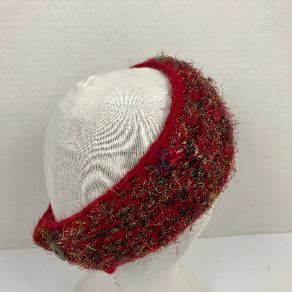 Rising Tide Wool Silk Blend Knit Headband Red Black Flower Fleece Lined Nepal